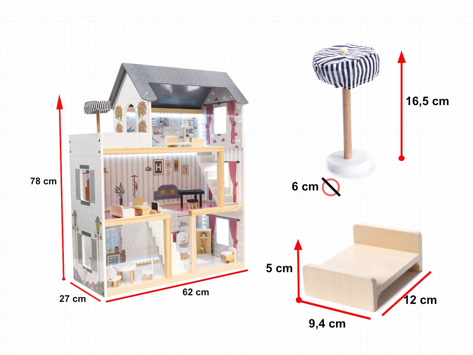 KX6201 Domek dla lalek MDF drewniany z akcesoriami LED 80cm czar MDF medinis lėlių namelis + baldai 78cm juodas LED