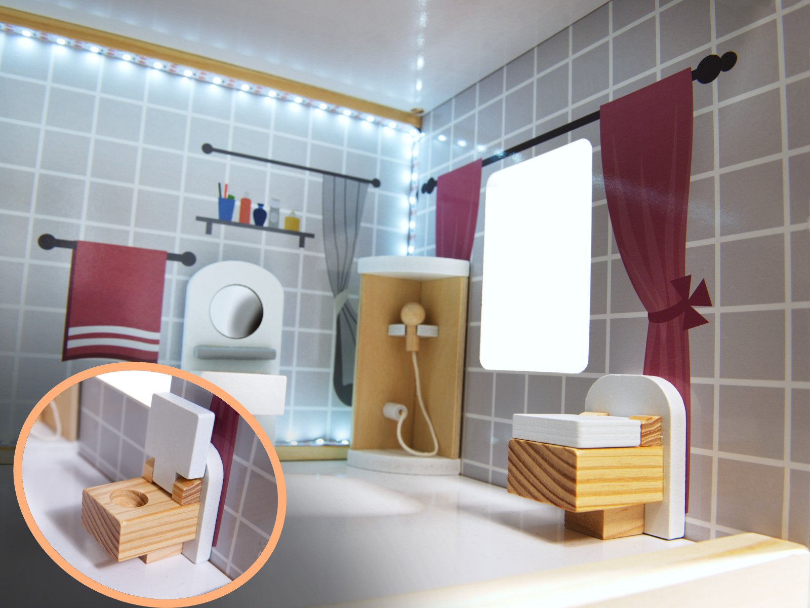 KX6201 Domek dla lalek MDF drewniany z akcesoriami LED 80cm czar MDF medinis lėlių namelis + baldai 78cm juodas LED