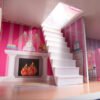 MDF medinis lėlių namelis + baldai 70cm rožinis LED