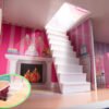 MDF medinis lėlių namelis + baldai 70cm rožinis LED