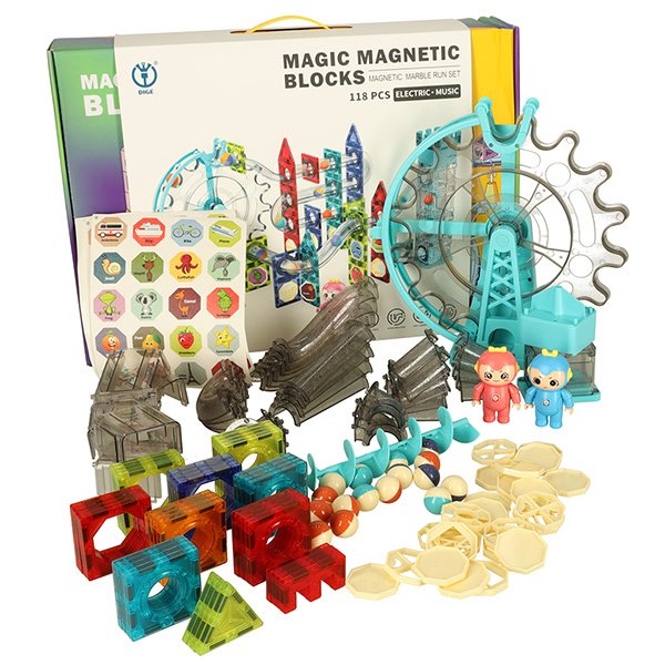 Magnetinių plytų marmuro kamuolio takelis su garso muzika 118 elementų