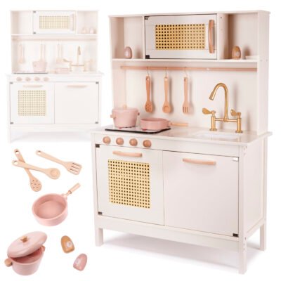KX6284 Kuchnia drewniana MDF retro z akcesoriami BOHO 1-7 Vaikiška retro MDF medinė virtuvė su BOHO aksesuarais