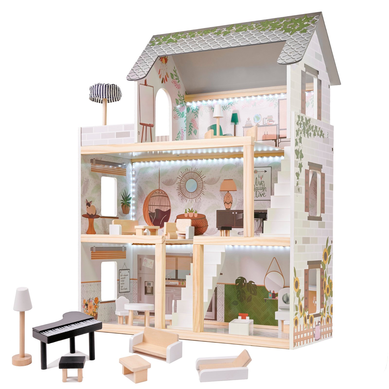KX5944 Domek dla lalek drewniany apartament Ikonka boho 1-2 LULILO medinis lėlių namelis FLORO boho LED