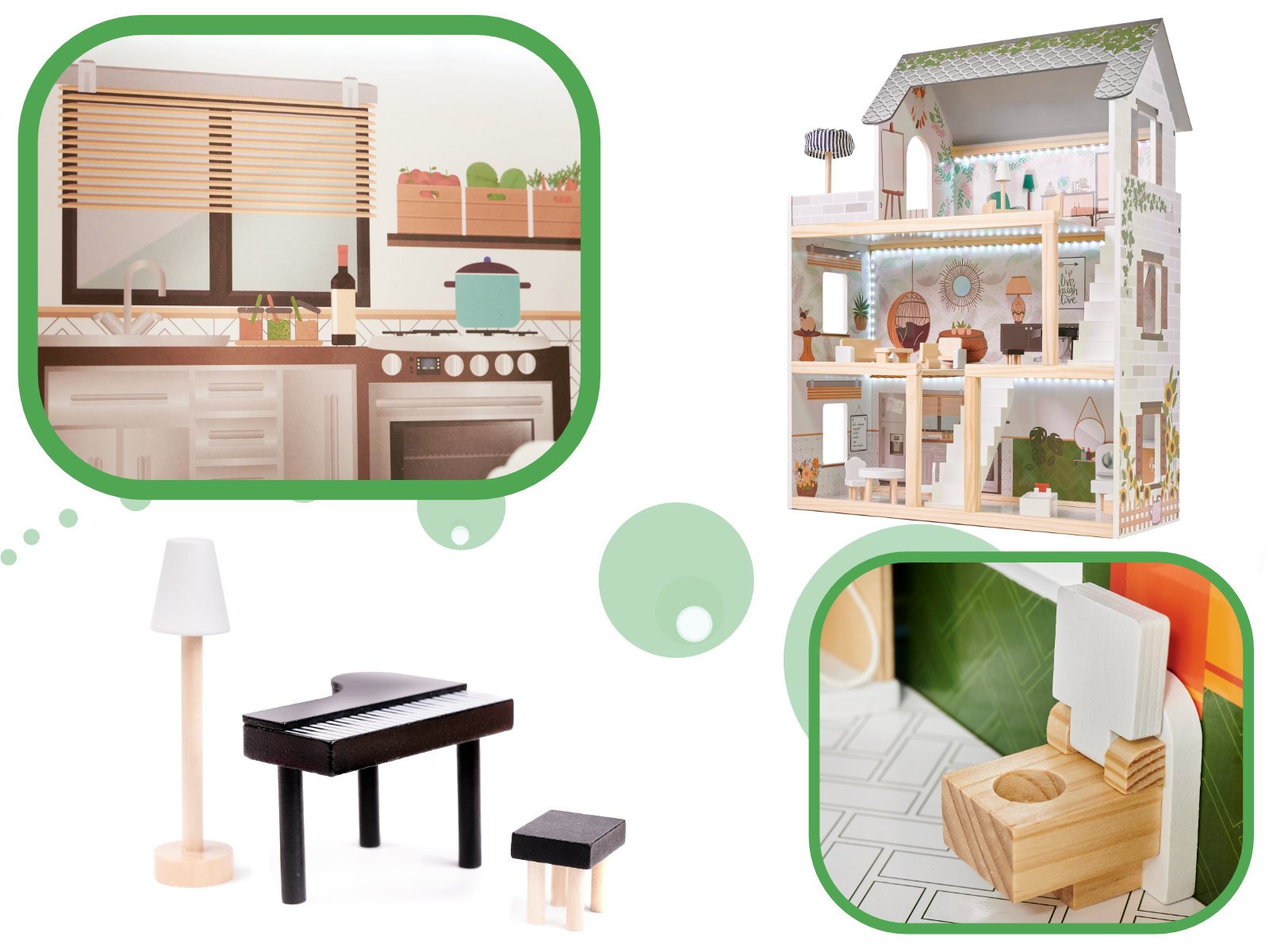 KX5944 Domek dla lalek drewniany apartament Ikonka boho 2 LULILO medinis lėlių namelis FLORO boho LED