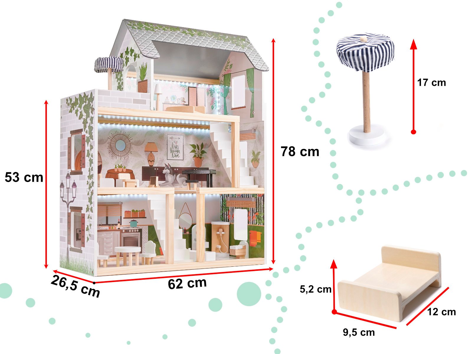 KX5944 Domek dla lalek drewniany apartament Ikonka boho 3 LULILO medinis lėlių namelis FLORO boho LED