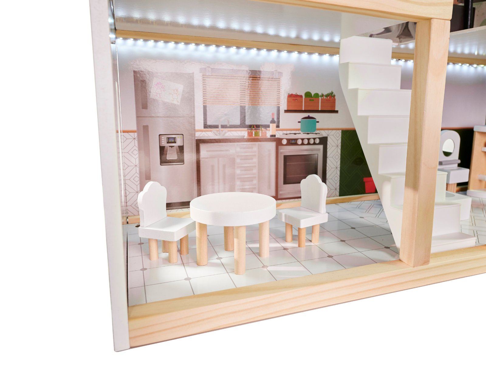KX5944 Domek dla lalek drewniany apartament Ikonka boho 5 LULILO medinis lėlių namelis FLORO boho LED