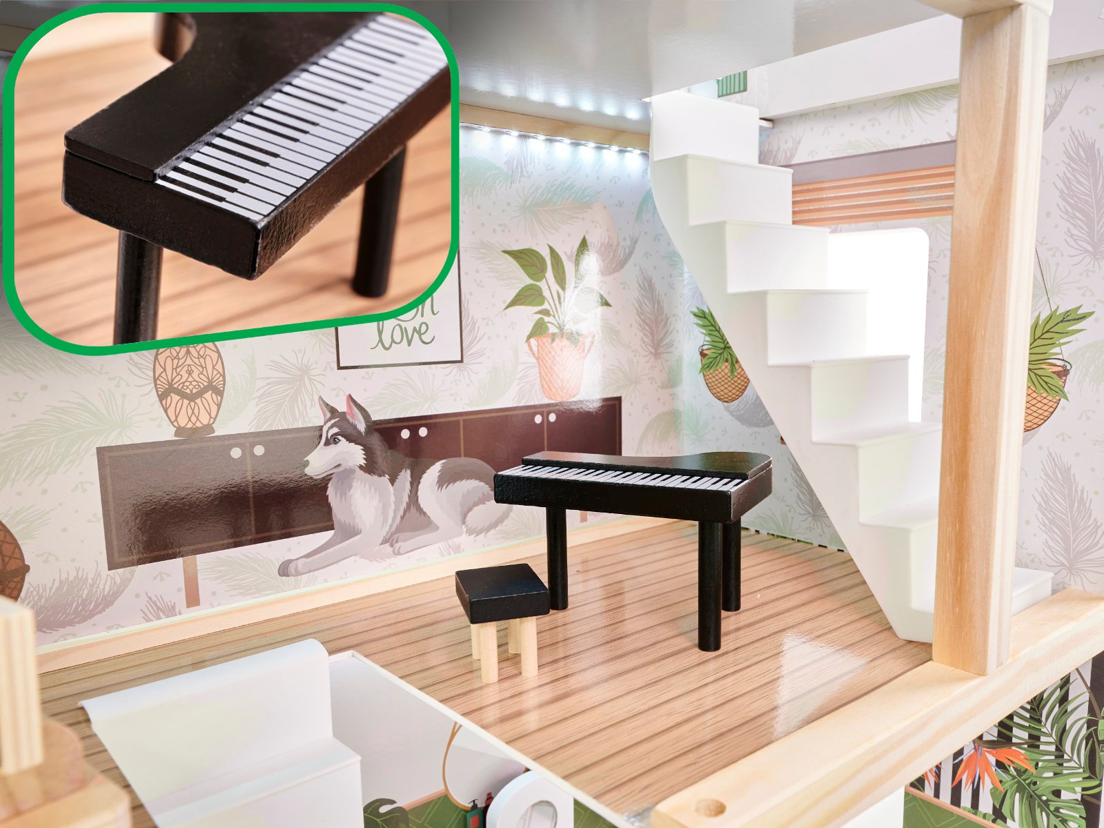 KX5944 Domek dla lalek drewniany apartament Ikonka boho 7 LULILO medinis lėlių namelis FLORO boho LED