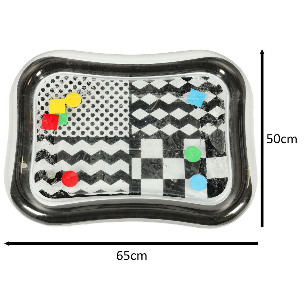 Mata-wodna-sensoryczna-dmuchana-dla-niemowlat-czarno-biala-mix-wzorow-XXL-65x50-cm-147221 Pripučiamas vandens kilimėlis su juodos ir baltos spalvų kontrastingais raštais 65 cm x 50 cm