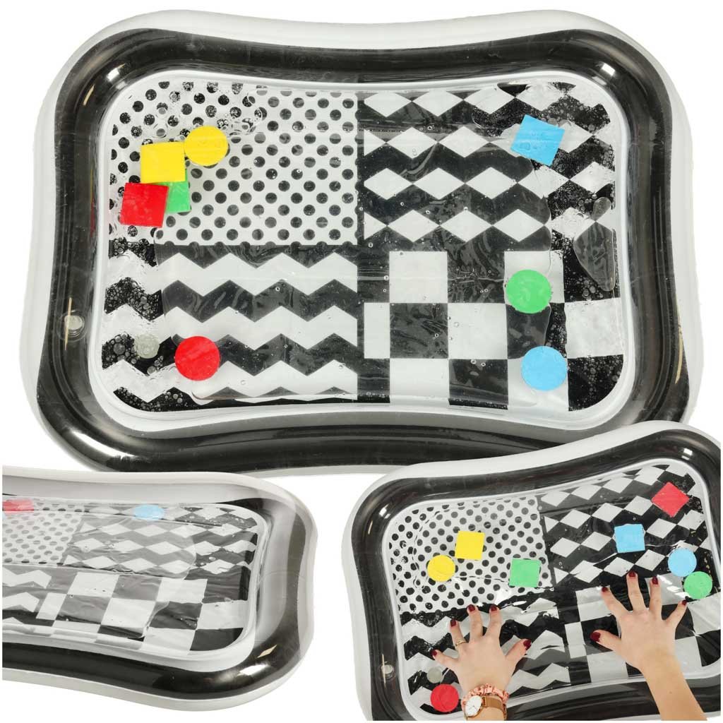Mata-wodna-sensoryczna-dmuchana-dla-niemowlat-czarno-biala-mix-wzorow-XXL-65x50-cm-158361 Pripučiamas vandens kilimėlis su juodos ir baltos spalvų kontrastingais raštais 65 cm x 50 cm