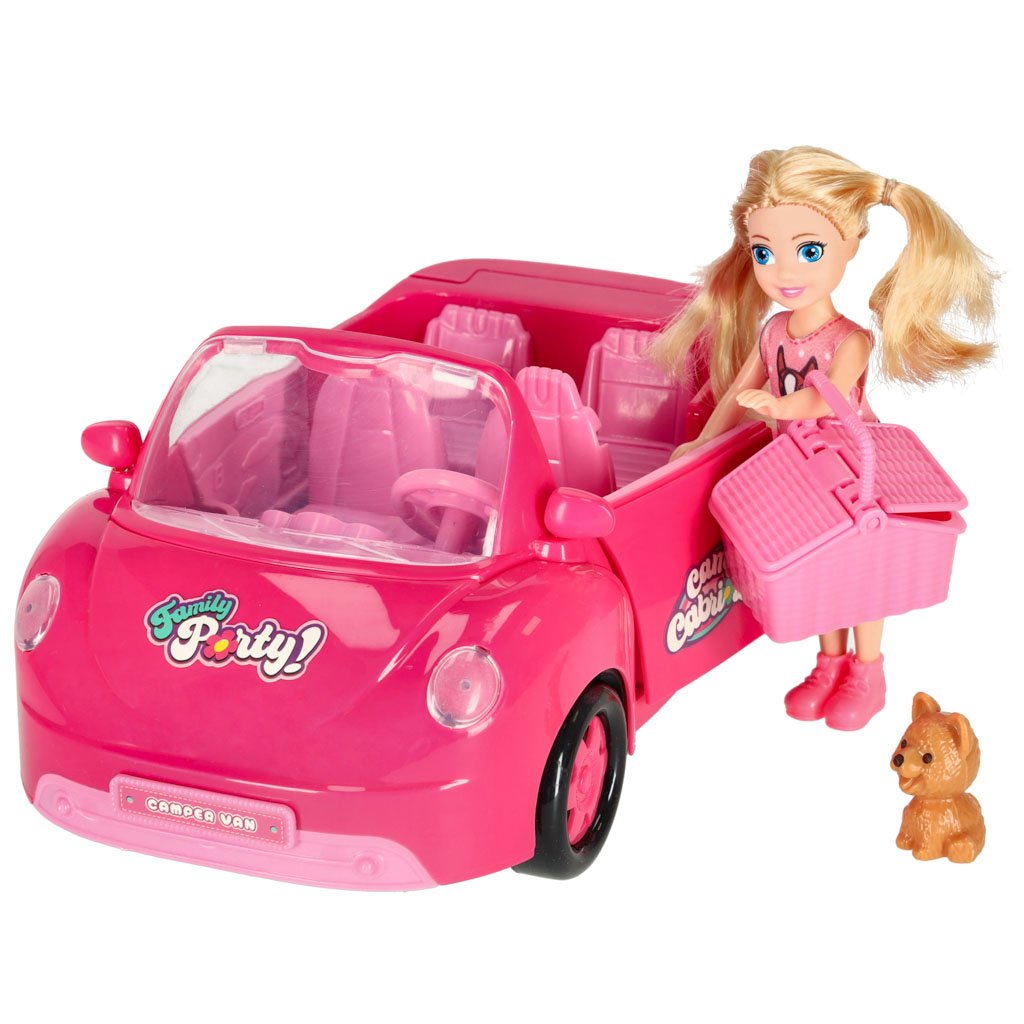 Samochod-dla-lalek-kabriolet-zestaw-piknikowy-szczeniak-rozowy-4-el-156006 Lėlės automobilis kabrioletas pikniko rinkinys lėlė šuo rožinis 4 el.