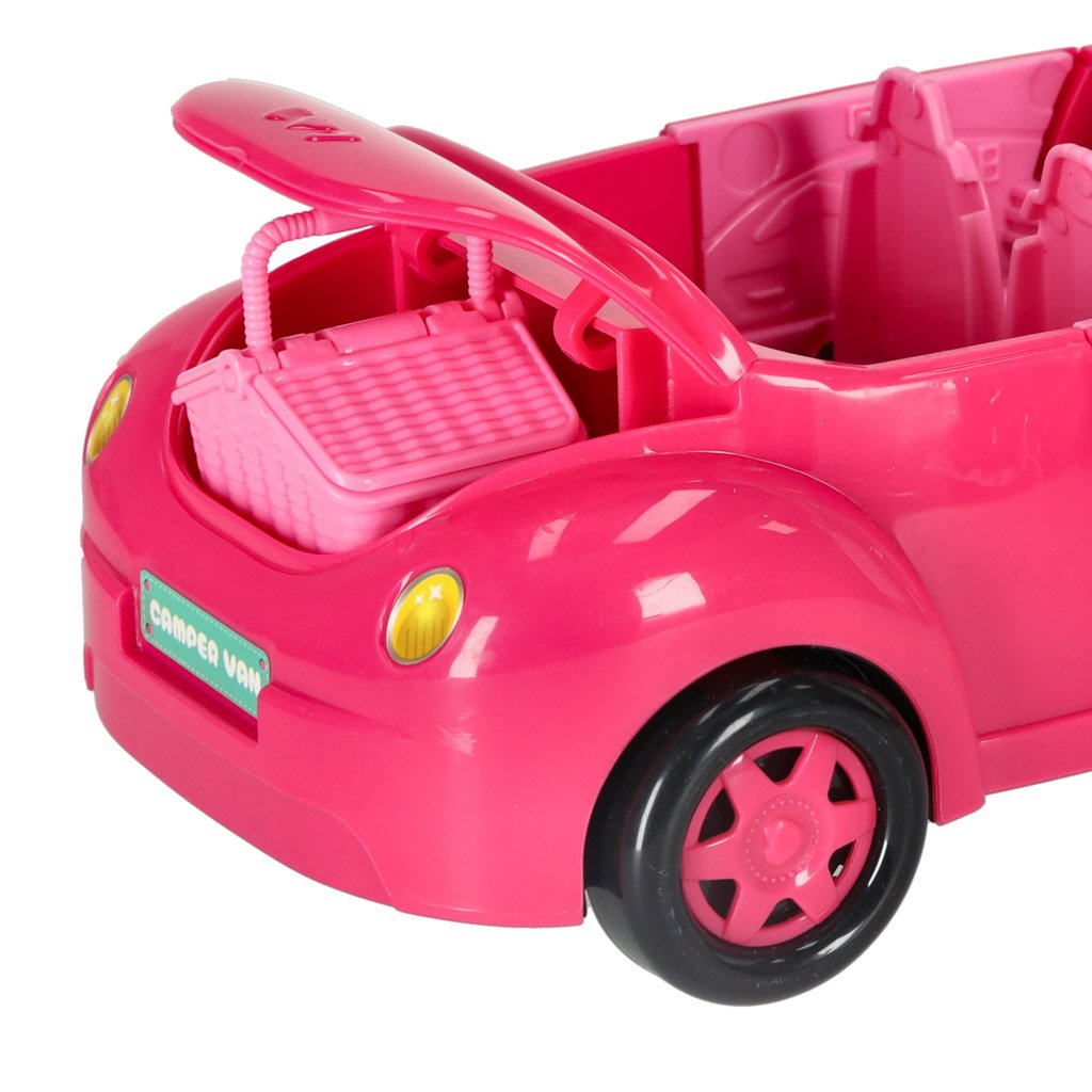 Samochod-dla-lalek-kabriolet-zestaw-piknikowy-szczeniak-rozowy-4-el-156010 Lėlės automobilis kabrioletas pikniko rinkinys lėlė šuo rožinis 4 el.