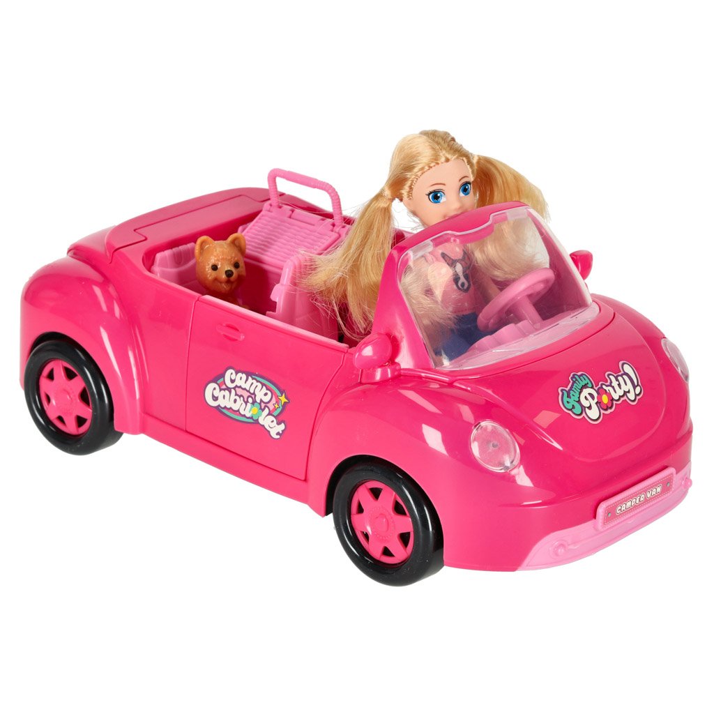 Samochod-dla-lalek-kabriolet-zestaw-piknikowy-szczeniak-rozowy-4-el-156013 Lėlės automobilis kabrioletas pikniko rinkinys lėlė šuo rožinis 4 el.