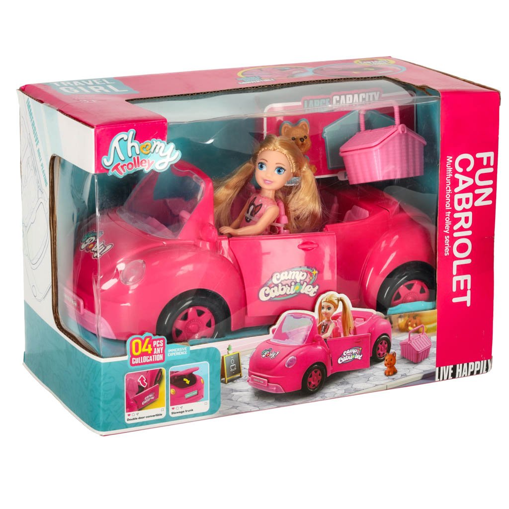 Samochod-dla-lalek-kabriolet-zestaw-piknikowy-szczeniak-rozowy-4-el-156014 Lėlės automobilis kabrioletas pikniko rinkinys lėlė šuo rožinis 4 el.