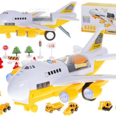 Samolot-transporter-z-autami-budowlany-bok-przod-904141 Transporterio lėktuvas + 6 automobiliai, statybinės transporto priemonės, šoninės/priekinės