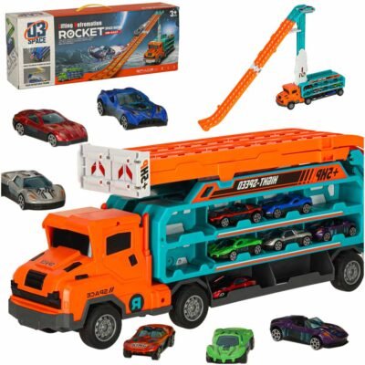 Tor-wyscigowy-samochodowy-laweta-transporter-6-el-pomaranczowy-160862 Karavanas su lenktynių trasos kalneliu 6el oranžinis