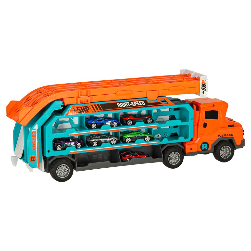 Tor-wyscigowy-samochodowy-laweta-transporter-6-el-pomaranczowy-160863 Karavanas su lenktynių trasos kalneliu 6el oranžinis