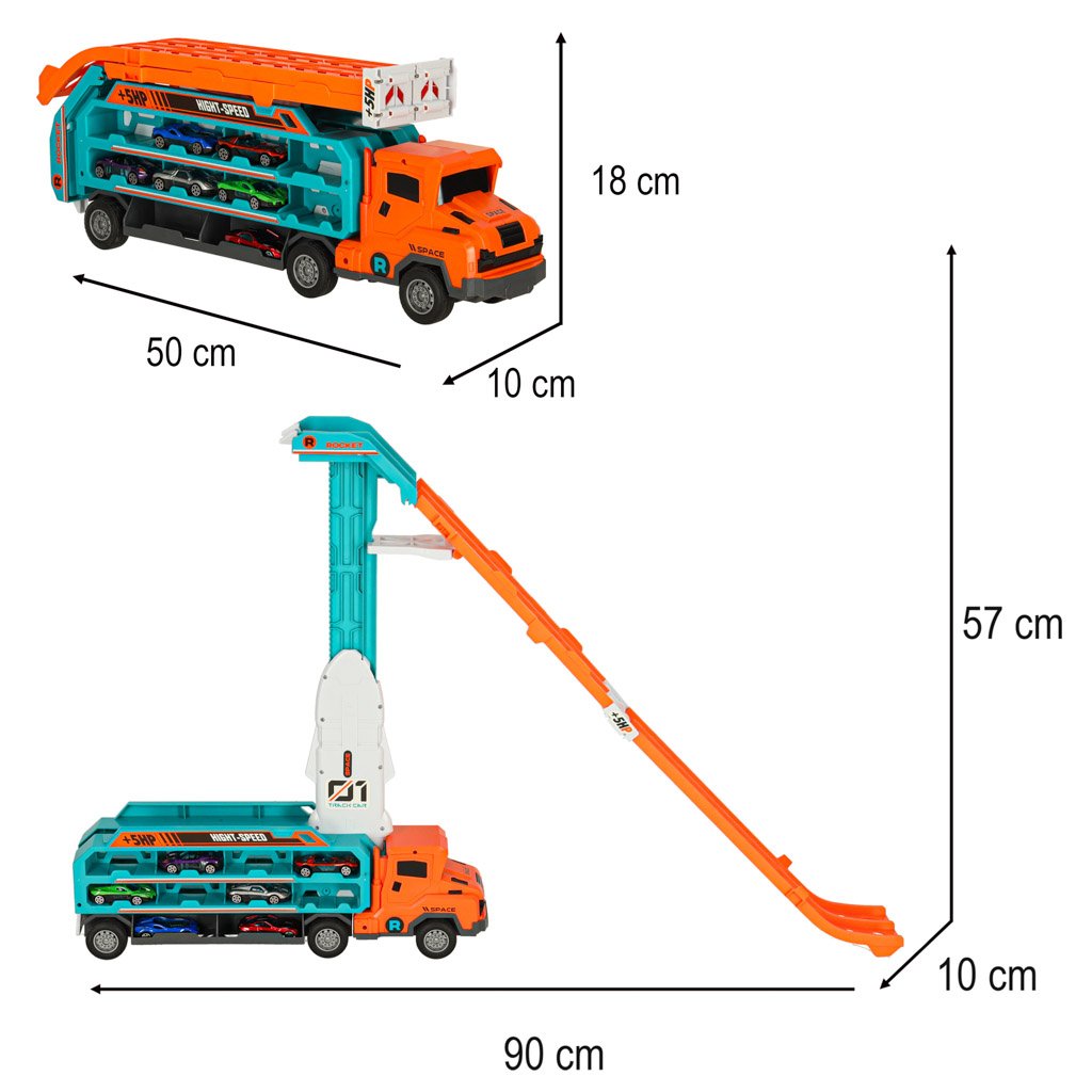 Tor-wyscigowy-samochodowy-laweta-transporter-6-el-pomaranczowy-160870 Karavanas su lenktynių trasos kalneliu 6el oranžinis