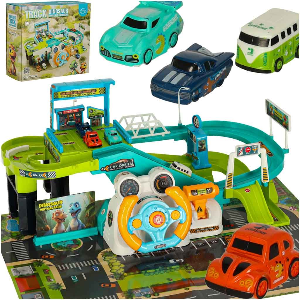 Automobilių bėgių automobilių stovėjimo aikštelė, garažas, dinozauras 4 automobiliai