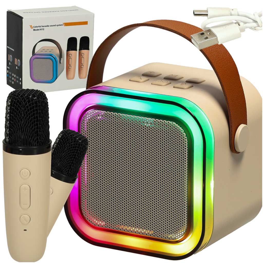 Zestaw-do-karaoke-2-mikrofony-glosnik-przenosny-BLUETOOTH-USB-LED-bezowy-162833 Karaokės rinkinys 2 mikrofonai + nešiojamas garsiakalbis BLUETOOTH USB LED smėlio spalvos