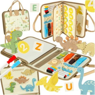 Tablica-manipulacyjna-sensoryczna-montessori-walizka-dinozaury-171529 Sensorinis manipuliacinis dėklas "Dinozaurai"