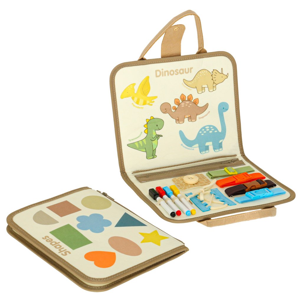 Tablica-manipulacyjna-sensoryczna-montessori-walizka-dinozaury-171532 Sensorinis manipuliacinis dėklas "Dinozaurai"