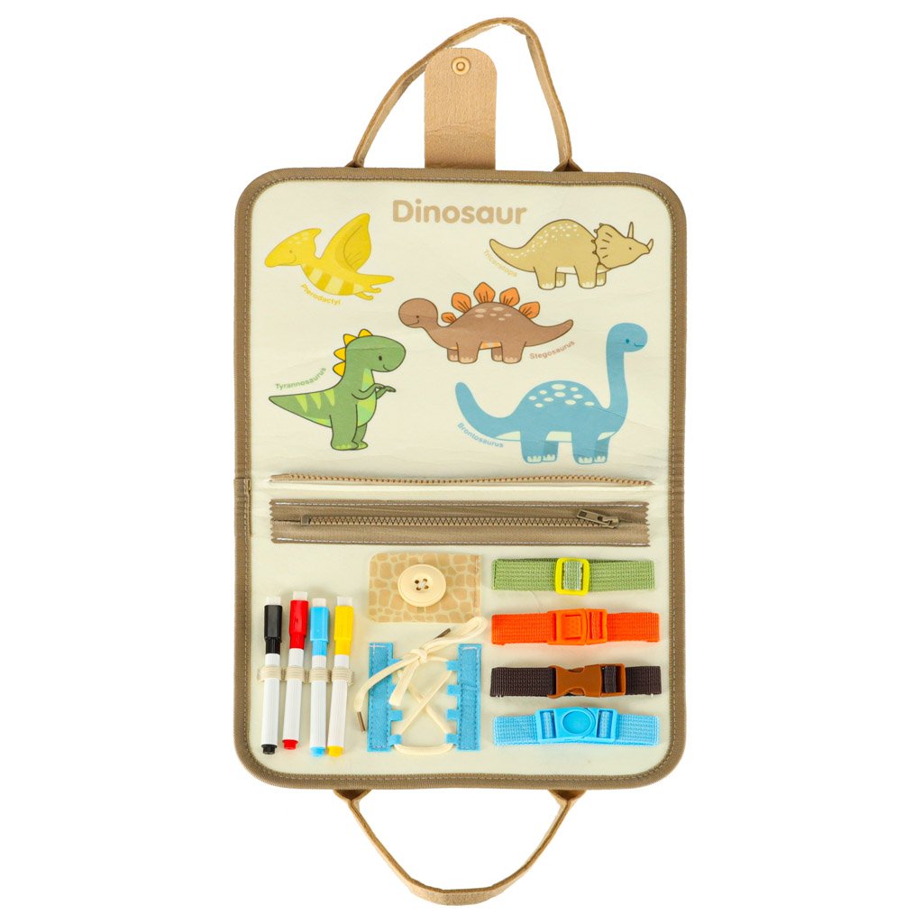 Tablica-manipulacyjna-sensoryczna-montessori-walizka-dinozaury-171533 Sensorinis manipuliacinis dėklas "Dinozaurai"