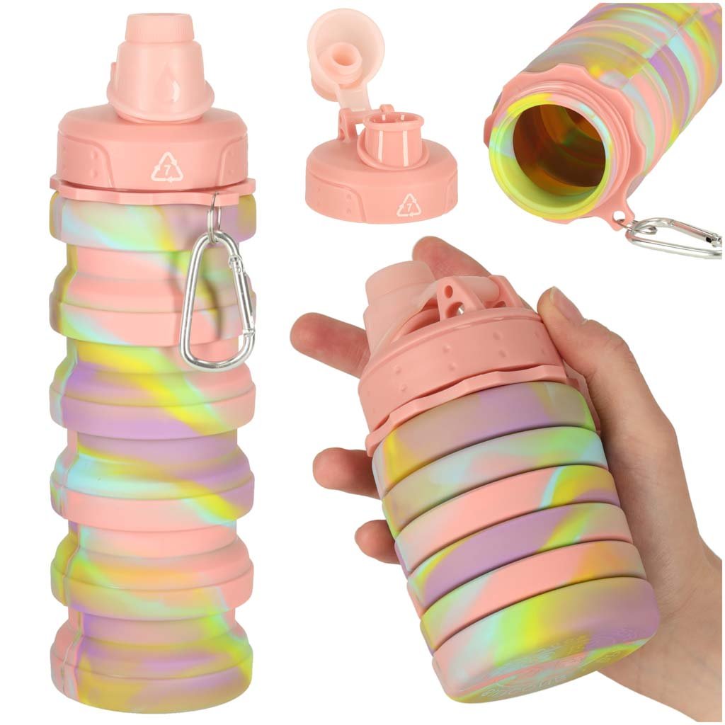 Butelka-na-wode-bidon-silikonowy-skladany-z-uchwytem-sportowy-500ml-teczowy-174037 Silikoninė gertuvė, 500ml vaivorykštės spalvų