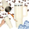 Termo puodelis su šiaudeliu ir rankenėle 1200ml kreminės spalvos
