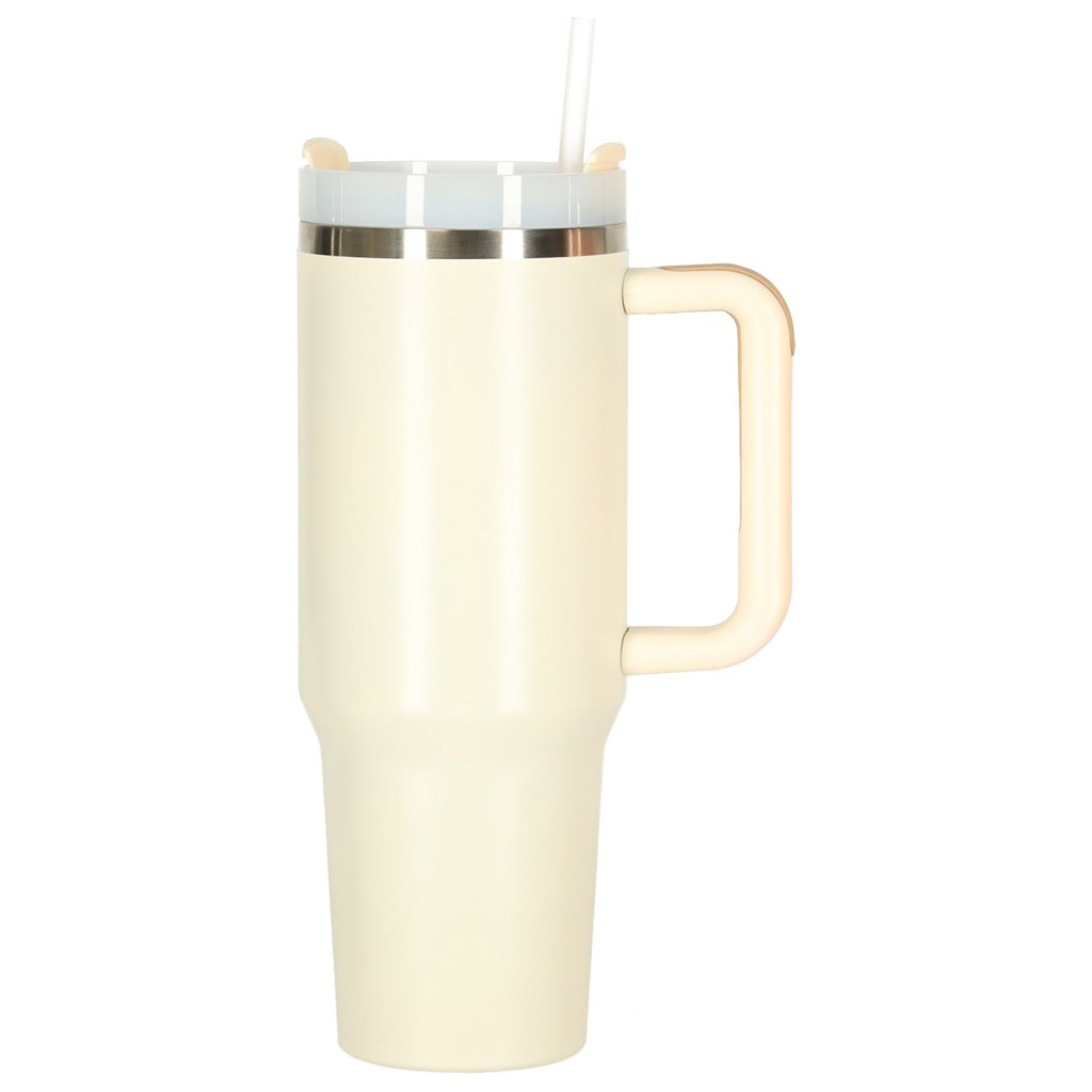 Termo puodelis su šiaudeliu ir rankenėle 1200ml kreminės spalvos