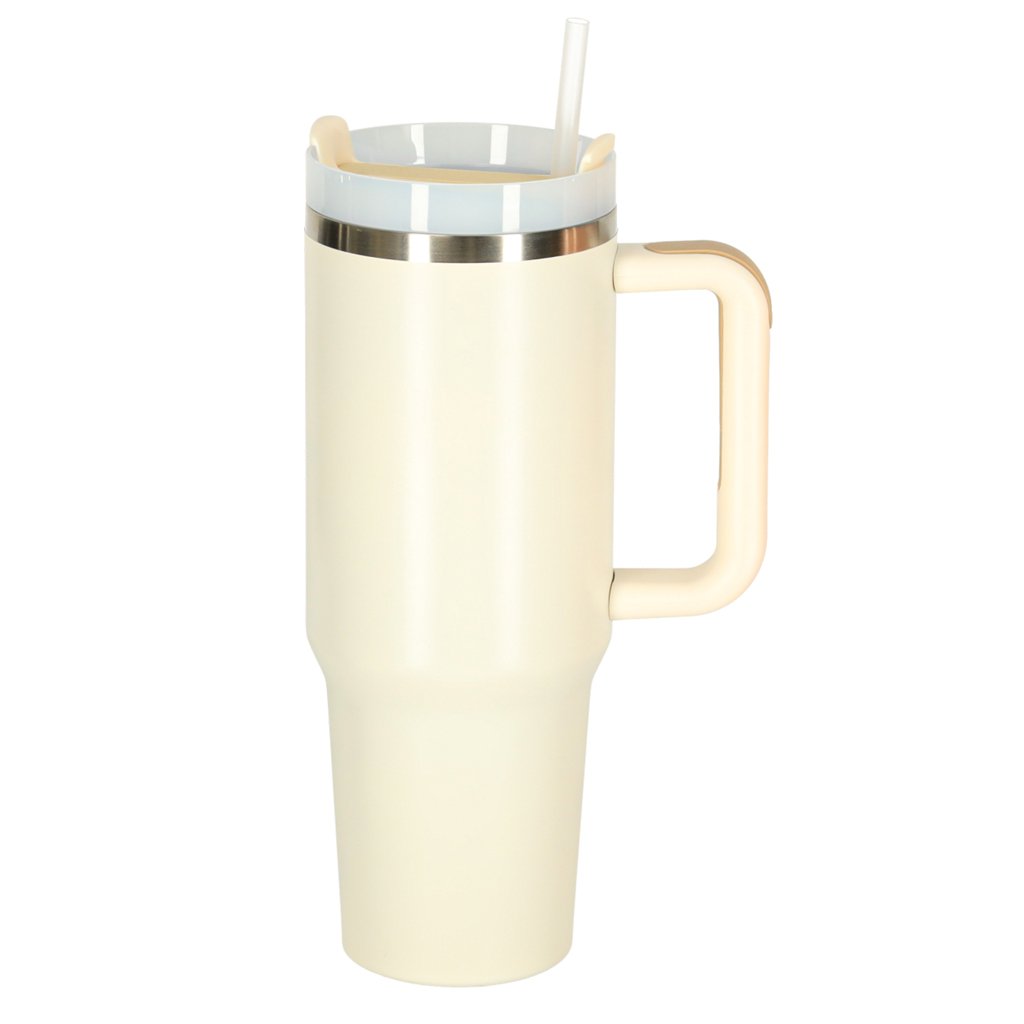 Termo puodelis su šiaudeliu ir rankenėle 1200ml kreminės spalvos