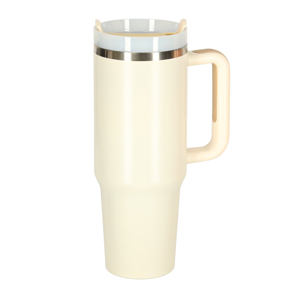 Termo puodelis su šiaudeliu ir rankenėle 1200ml kreminės spalvos