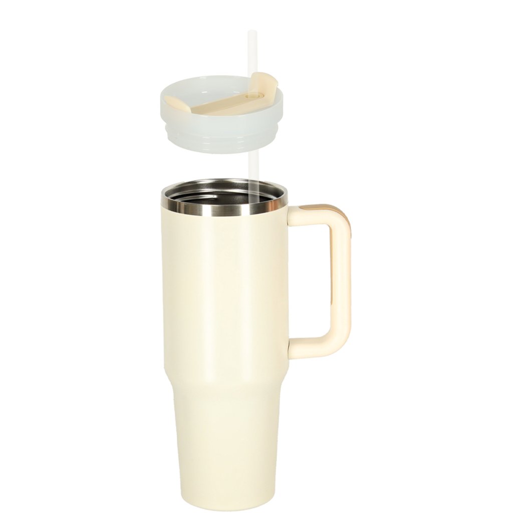 Termo puodelis su šiaudeliu ir rankenėle 1200ml kreminės spalvos