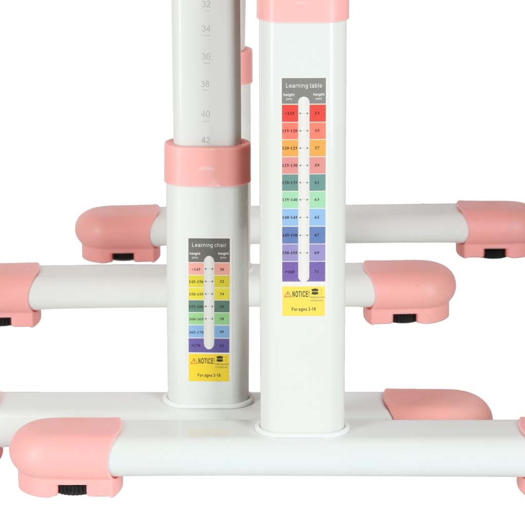 Biurko-dzieciece-szkolne-regulowane-krzeslo-lampka-LED-USB-rozowe-175614 Vaikiškas rašomasis stalas su stalčiumi, kėdės lempa rožinės spalvos