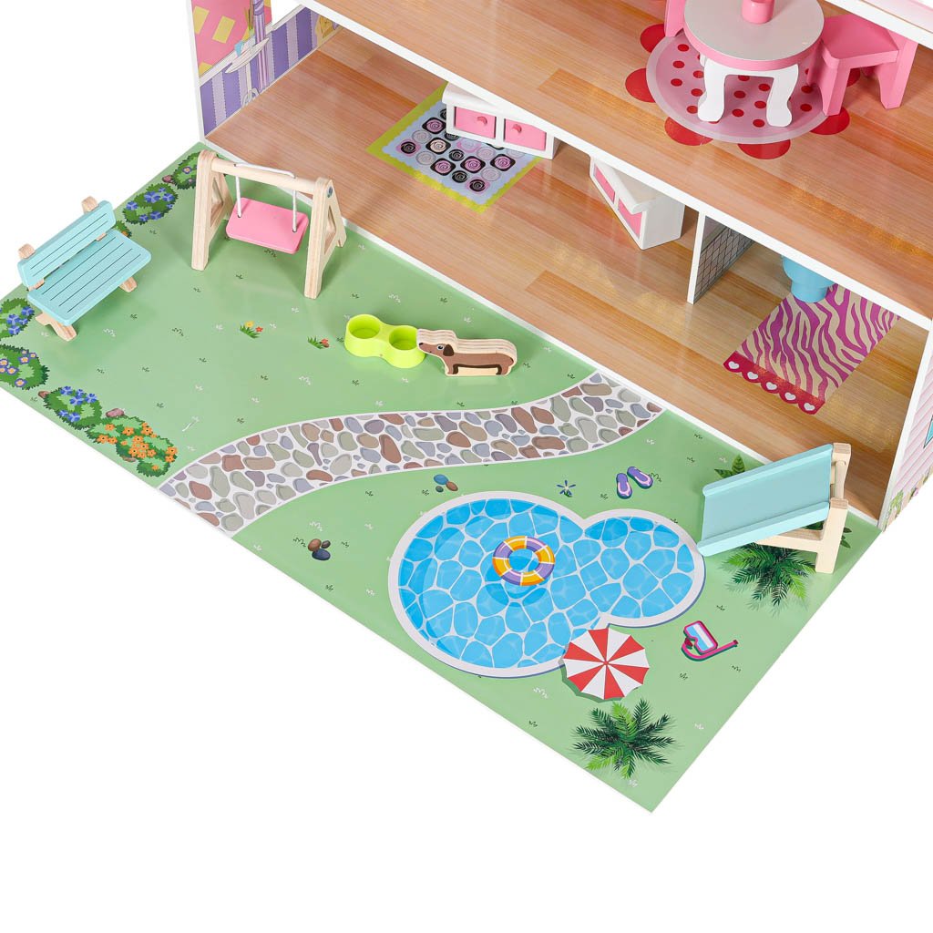 Domek-dla-lalek-drewniany-Lulilo-Gardeno-z-ogrodkiem-mebelki-70cm-rozowy-LED-176190 Lulilo Gardeno medinis lėlių namelis su sodo baldais 70 cm rožinis LED