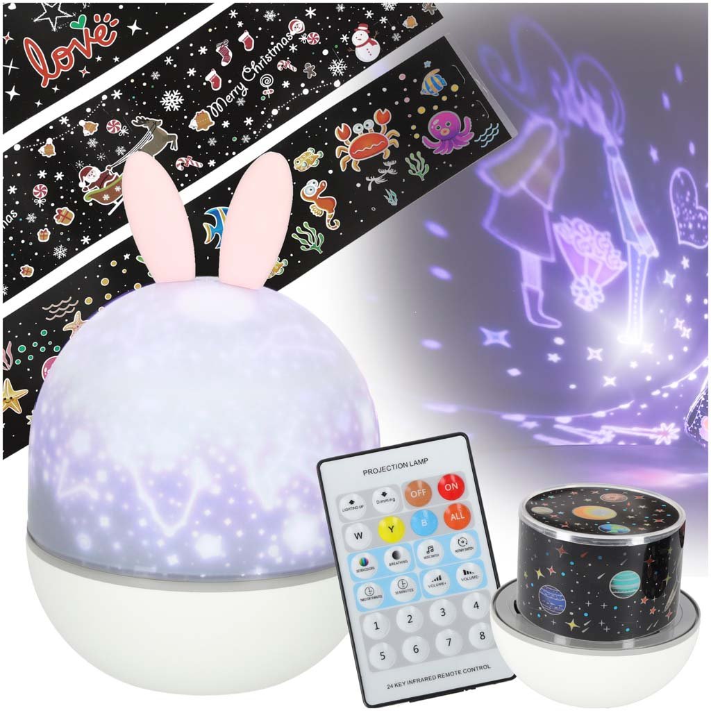 Lampka-nocna-projektor-gwiazd-LED-USB-obrotowy-6-motywow-pilot-krolik-176378 LED žvaigždžių projektoriaus naktinė šviesa USB pasukamas 6 motyvai nuotolinio valdymo pultas triušis