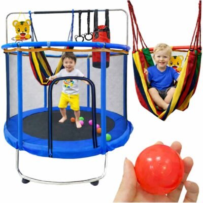 Trampolina-dla-dzieci-ogrodowa-siatka-pilki-koszykowka-155cm-niebieska-182683 Vaikų batutas sodo kamuolio tinklas krepšinio kamuolys 155cm mėlynas
