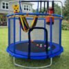 Trampolina-dla-dzieci-ogrodowa-siatka-pilki-koszykowka-155cm-niebieska-182689 Vaikų batutas sodo kamuolio tinklas krepšinio kamuolys 155cm mėlynas