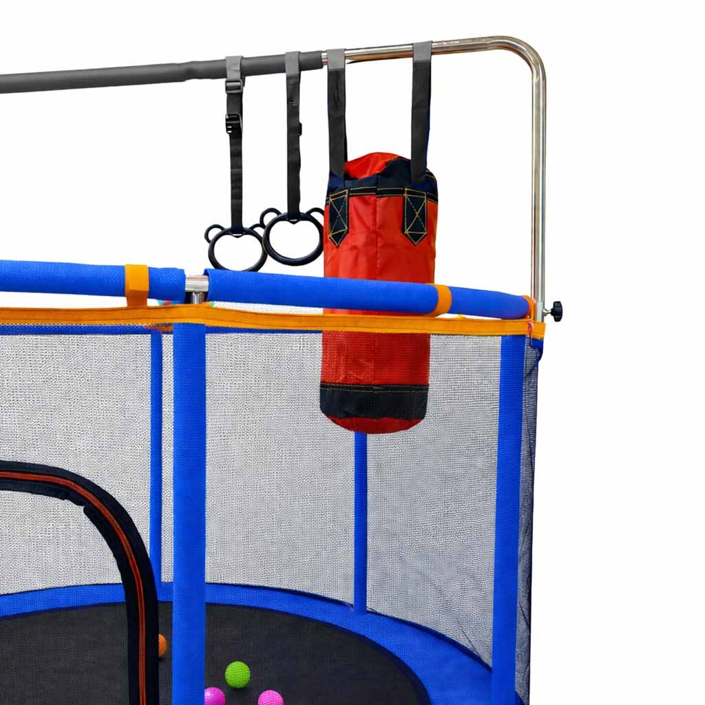 Trampolina-dla-dzieci-ogrodowa-siatka-pilki-koszykowka-155cm-niebieska-182707 Vaikų batutas sodo kamuolio tinklas krepšinio kamuolys 155cm mėlynas